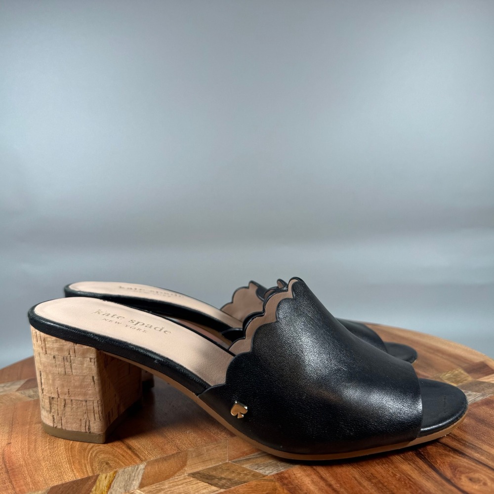 Kate Spade New York Black Leather Scalloped Slide Mules Cork Block Heel Size 6M